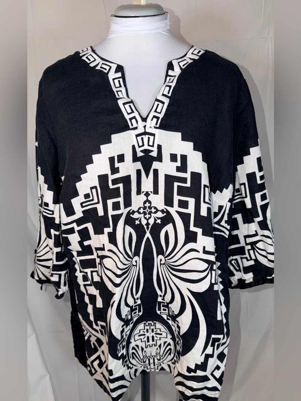 JM Collection Linen Tunic Top featuring a striking patterns